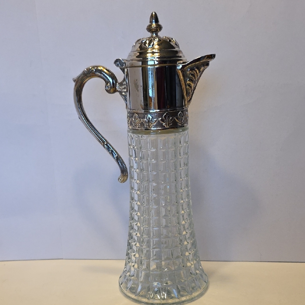 Vintage Italian Primerose Silver-plated Diamond Cut Glass Claret Wine Decanter